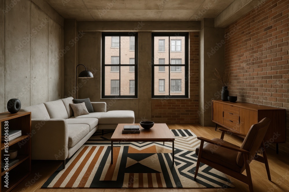 Fototapeta premium Contemporary industrial loft bedroom design featuring exposed concrete walls and minimalist metal bed frame