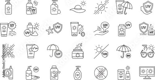 Skincare & Sun Protection Icons - UV Safety & Health Set