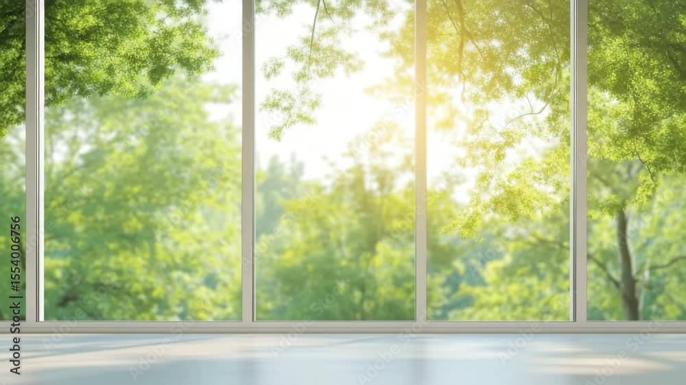 Bright sunlight shines through large glass window with green tree leaves and branches outside, creating peaceful, refreshing atmosphere empty room filled with natures bright green leaf and sunlight.