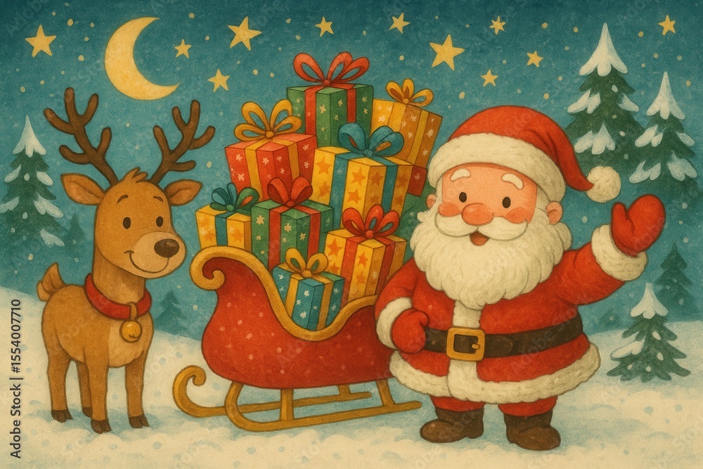 Fototapeta premium Festive cartoon Santa Claus in sleigh loaded with colorful presents for Christmas celebration