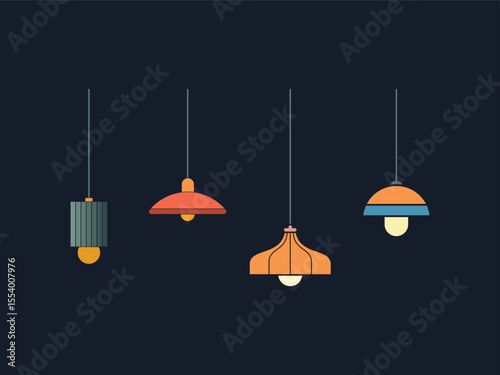 Interior pendant light design. Retro-modern pendant light collection, ideal for interior design illustrations and home decor catalogs.