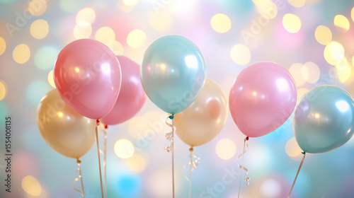 Elegant happy birthday background, realistic glossy balloons in pastel colors, soft lighting, bokeh effects, clean composition