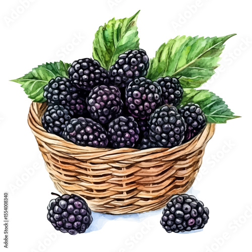 Black Mulberry Fruit Basket, watercolor illustration vector, isolated on a white background.