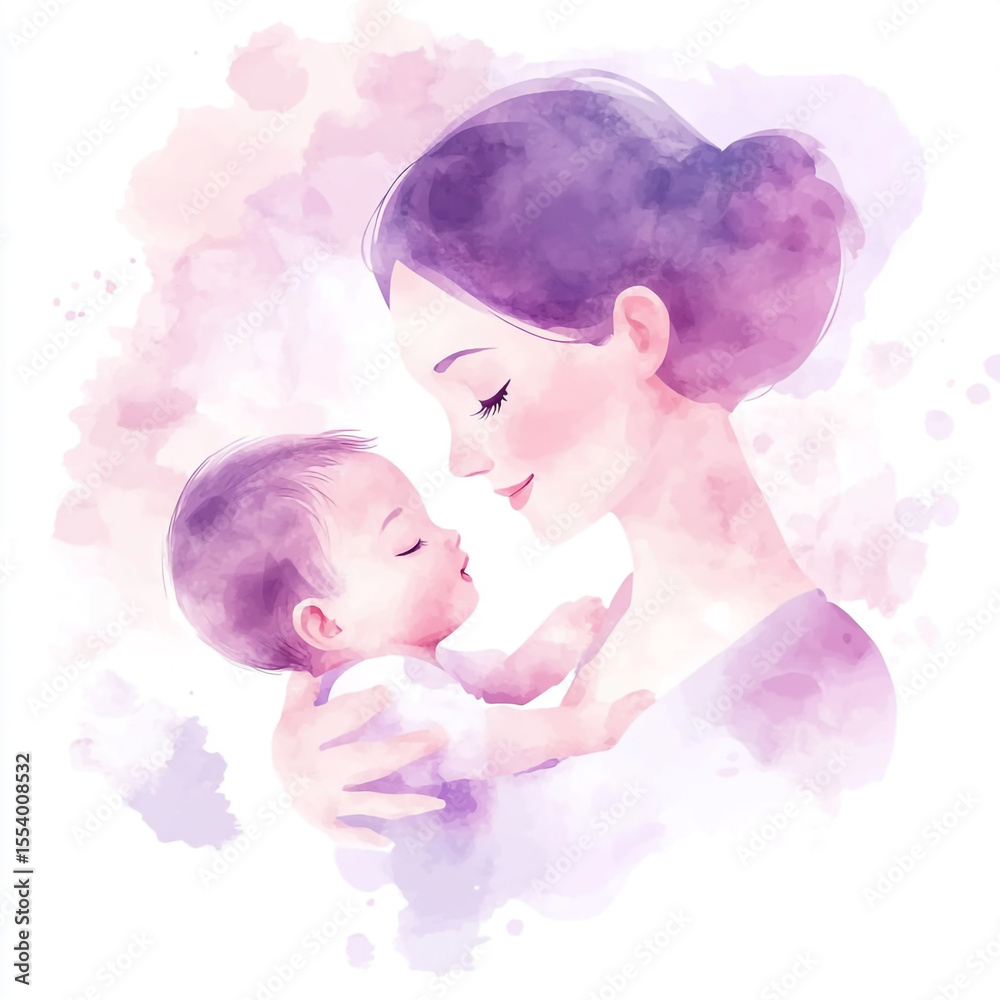 Mother and baby, a watercolor illustration with soft pink and purple colors on a white background Mother and baby, a watercolor illustration with soft pink and purple colors on a white background