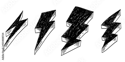 Set of Hand drawn electric lightning. Doodle thunderbolt and thunderstorm. isolated on white background. vector illustration