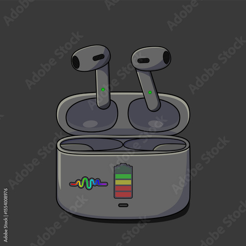 Vector illustration of wireless earphone with battery indicator and melody