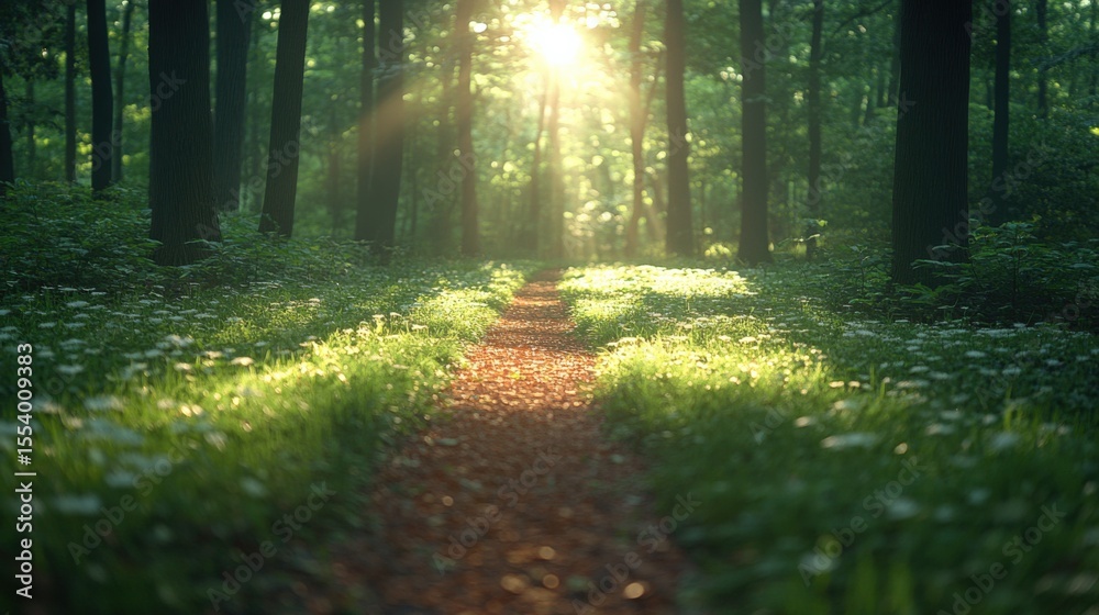 Fototapeta premium Serene Forest Path at Dawn with Sunlight Filtering Through Trees and Wildflowers