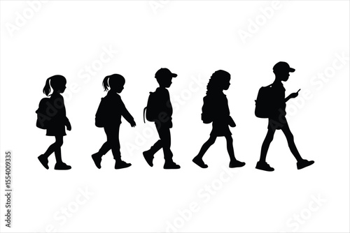 School Children Walking with Backpacks Silhouette - Kids Education Vector