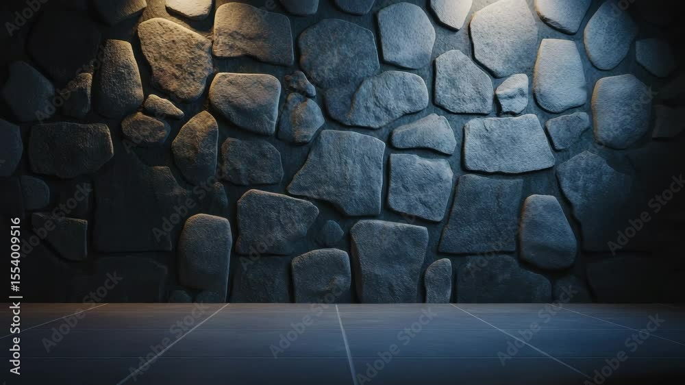 Stone wall texture with uneven rock surface and smooth tiled floor under soft lighting creating calm shadowed background and textured floor atmosphere