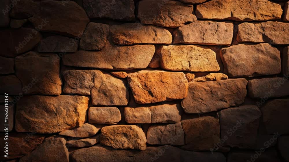 Rough stone wall texture with warm sunlight casting shadows and depth, showcasing natural rustic rock background with irregular shapes and earthy tones creating textured surface