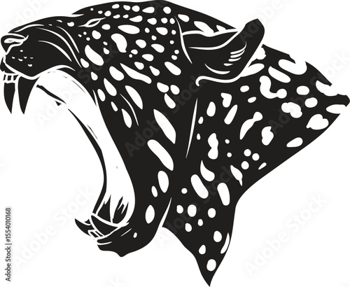 Fierce black and white jaguar head roaring with open mouth and sharp teeth a powerful predator isolated on white background