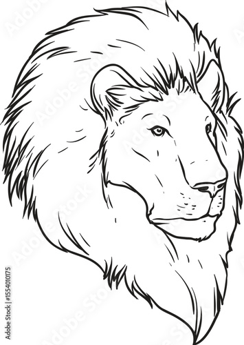 Detailed black and white line art illustration of a majestic lion s head in profile showcasing its impressive mane and regal features isolated on white background