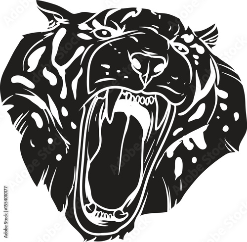 Fierce black and white illustration of a roaring tiger head with open mouth and bared teeth symbolizing power and aggression isolated on white background