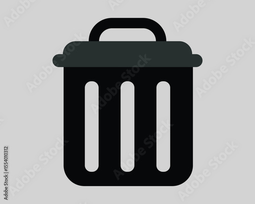 A simple black trash can icon with a lid and handle representing waste disposal and recycling isolated on white background