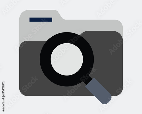 Conceptual illustration of a gray folder with a magnifying glass on top representing data search and document analysis isolated on white background