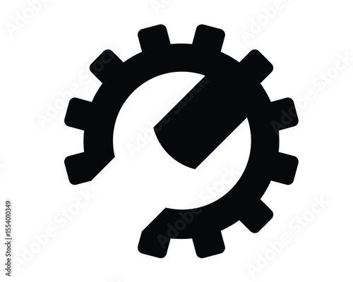Black silhouette of a wrench inside a gear symbolizing mechanical repair and engineering services isolated on white background