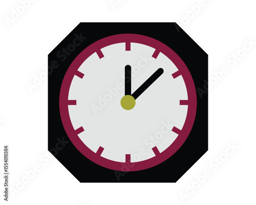A simple flat design illustration of a round analog clock with a white face and black hands showing approximately ten past one isolated on white background