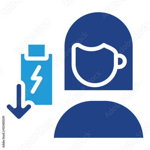 This icon effectively communicates a tired body condition or the need for energy recharging with a decreasing battery indicator.