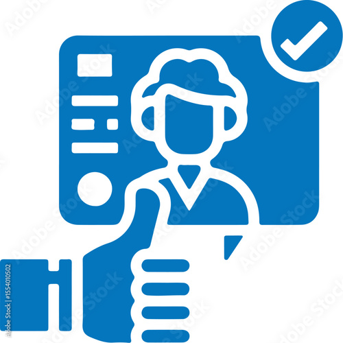 Verified user profile icon with thumbs up and checkmark in blue flat style