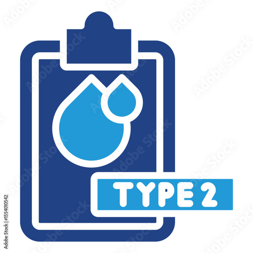 This icon depicts a clipboard with a document containing blood type two data referring to diabetes mellitus a chronic condition characterized by high blood sugar levels.