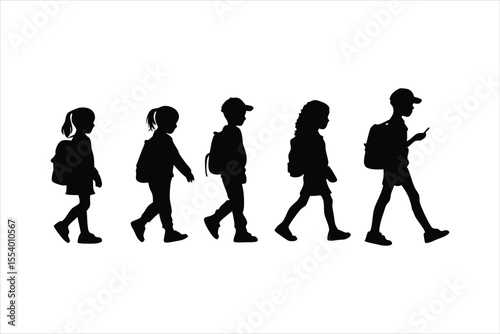 School Children Walking with Backpacks Silhouette - Kids Education Vector