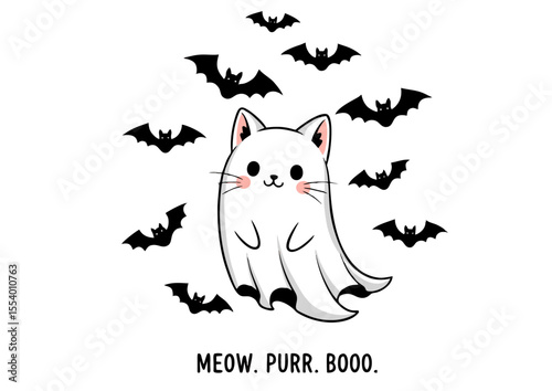 Adorable Ghost Cat Halloween Illustration Spooky Cute Kitty with Bats