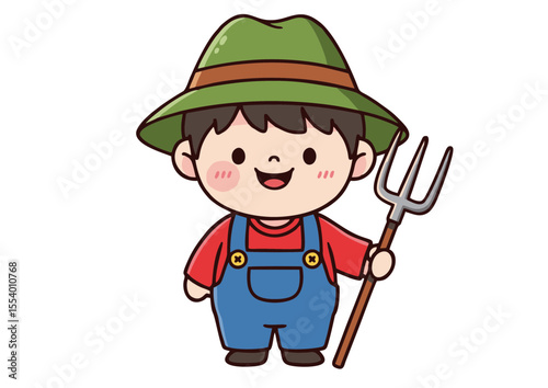 Funny cartoon illustration of a little boy farmer character with a shovel and hat, ready for some farm fun