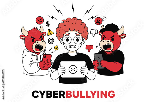 Cyberbullying Awareness Cartoon, Sad Boy Attacked by Angry Trolls Online with Phones
