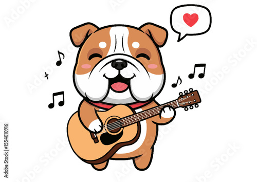 Cute Bulldog Playing Guitar with Heart and Music Notes, Cartoon Dog Singing Illustration