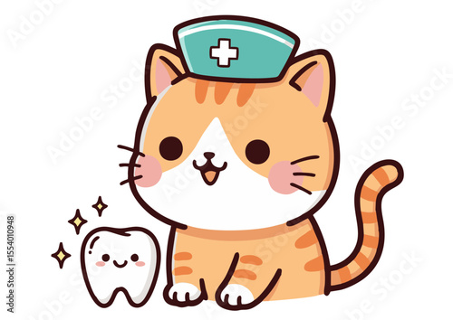 Adorable Dentist Cat Cartoon Cute Kitten with Sparkling Tooth Illustration