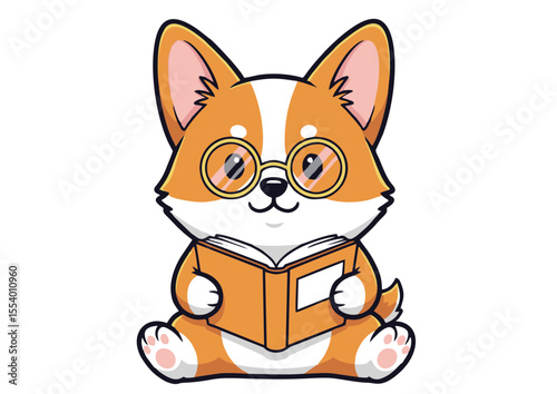 Adorable Corgi Puppy Reading a Book Cute Cartoon Illustration