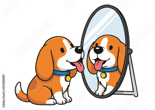 Adorable Beagle Puppy Looking in the Mirror, Cute Cartoon Illustration