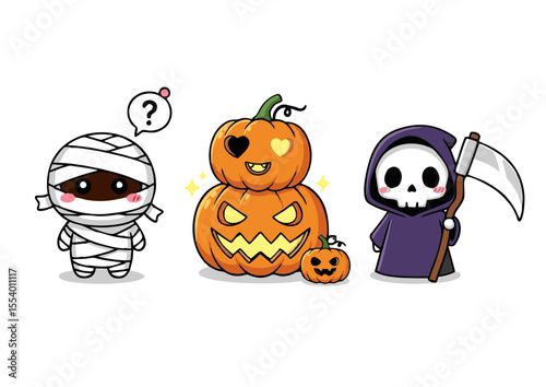 Adorable Halloween Characters Mummy, Pumpkins, and Grim Reaper Illustration