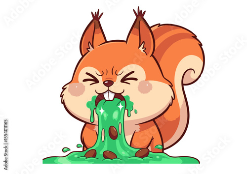 Cute cartoon squirrel vomiting green slime, funny animal character illustration