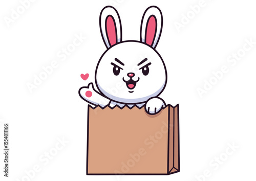 Cute cartoon bunny in paper bag showing love gesture, funny animal illustration