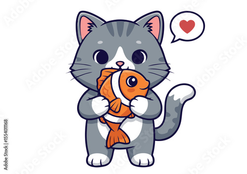 Adorable Grey Kitten Holding an Orange Fish Kawaii Cat Illustration