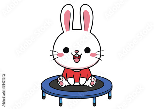 Adorable Cartoon Bunny Enjoying a Fun Bounce on a Trampoline