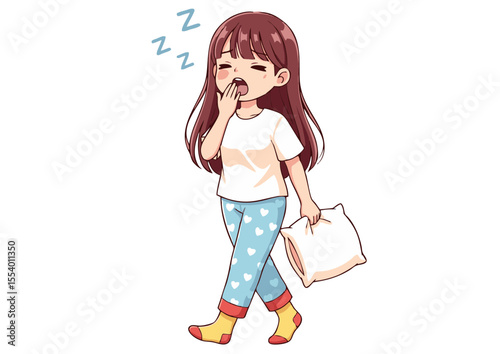Sleepy Girl Walking with Pillow Cute Anime Illustration