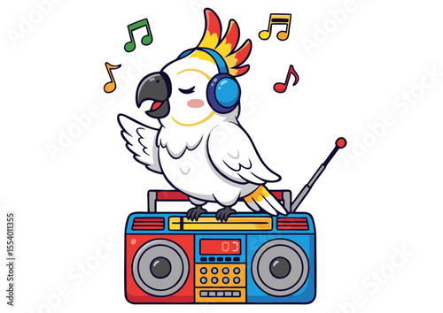 Groovy Cockatoo Singing Parrot on Boombox, Fun Illustration