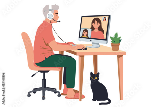Remote Work Man on Video Conference Call with Family, Cat Nearby