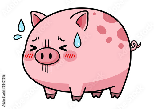 Adorable Pink Pig Cartoon Illustration Sweaty and Shy