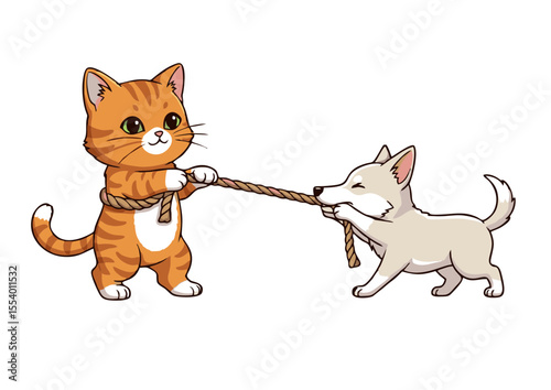 Adorable Kitten and Puppy Tug-of-War A Playful Illustration