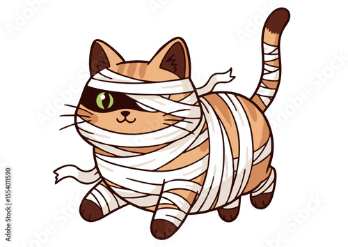 Adorable Mummy Cat Halloween Illustration Cute Cartoon Feline Wrapped in Bandages