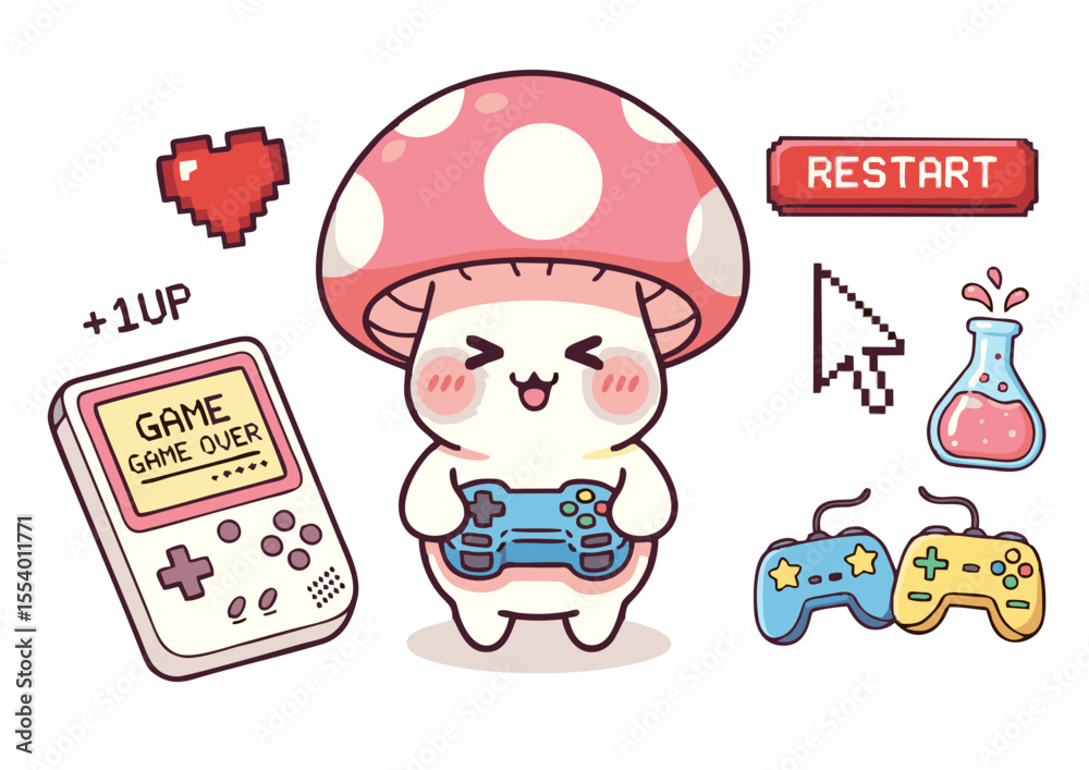 Fototapeta premium Adorable Mushroom Gamer Pixel Art Character Illustration