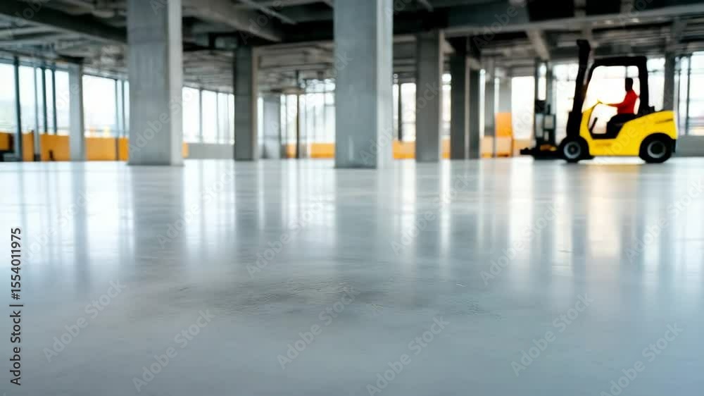 Spacious industrial warehouse interior with empty polished concrete floor, forklift in background, bright building construction space featuring large windows and sunlight streaming