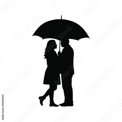 Romantic couple silhouette under umbrella rainy day love black and white vector illustration