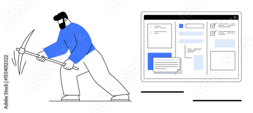 Person using pickaxe representing data mining near abstract dashboard. Ideal for data analysis, mining, processing, technology, research, productivity, and innovation. A simple flat metaphor