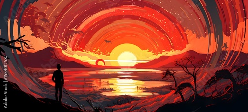 pop surreal unreal silhouettes spiral towards Parasaurolophus, ai generatif