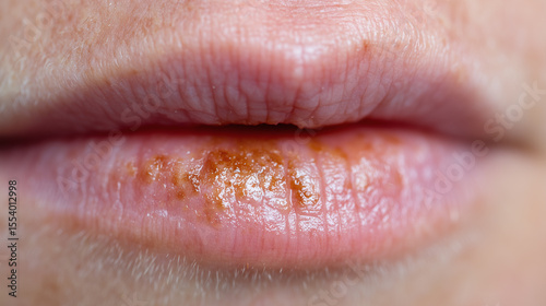 Macro close up of lip edge showing actinic cheilitis texture with dry, rough, and discolored skin, highlighting medical condition with detailed skin surface and natural lip color