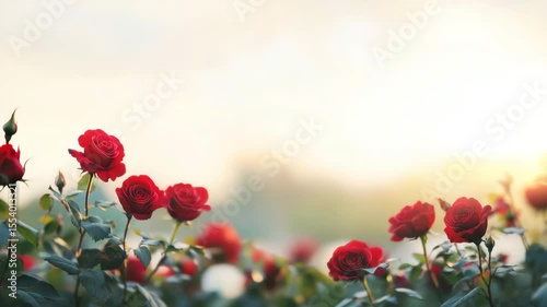 Red rose flower garden bloom with soft sunlight and green leaves creating romantic outdoor nature scene full of fresh petals and peaceful floral beauty in summer season